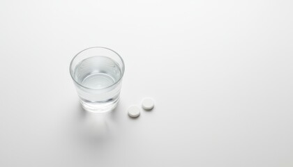 Flat lay of glass of water and two white tablets on a clean white surface, minimal medical lifestyle shot