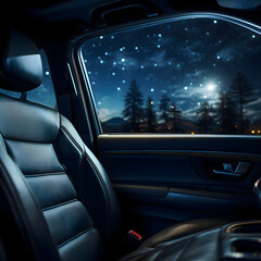 Night sky full of stars seen from inside a parked car with soft interior lighting and serene forest view
