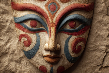  Kalighat folk art of fierce Durga face on parchment texture.
