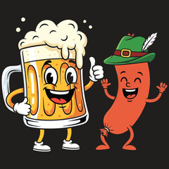 Oktoberfest Cartoon with Beer Mug and Sausage Character