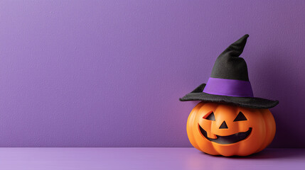Halloween carved orange jack-o'-lantern with a grinning face, topped with a black witch's hat accented in purple, surrounded by pumpkins, all set against a solid purple background for a festive and sp
