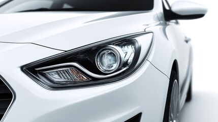 Ultra quality image of closeup on the headlight of a generic and unbranded white car on a white background.