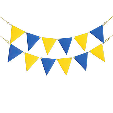 Two rows of alternating yellow and blue triangular pennants strung on a light-colored cord