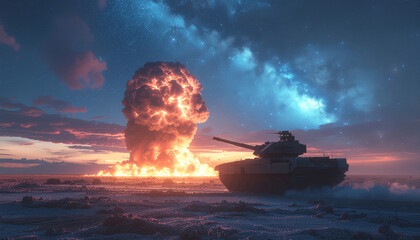 Dramatic, tense scene of military tank on vast battlefield under dark night sky. powerful weapon detonates, creating massive explosion and fireball