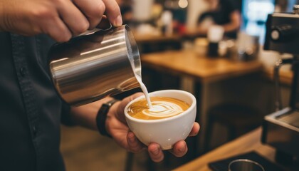 Close-up of barista’s hands pouring steamed milk into espresso cup to make latte art, blurred coffee shop background