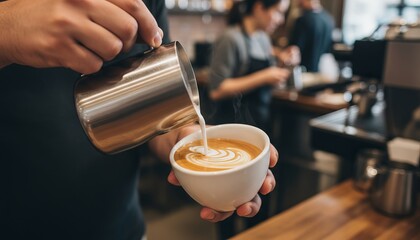 Close-up of barista’s hands pouring steamed milk into espresso cup to make latte art, blurred coffee shop background