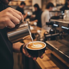 Close-up of barista’s hands pouring steamed milk into espresso cup to make latte art, blurred coffee shop background