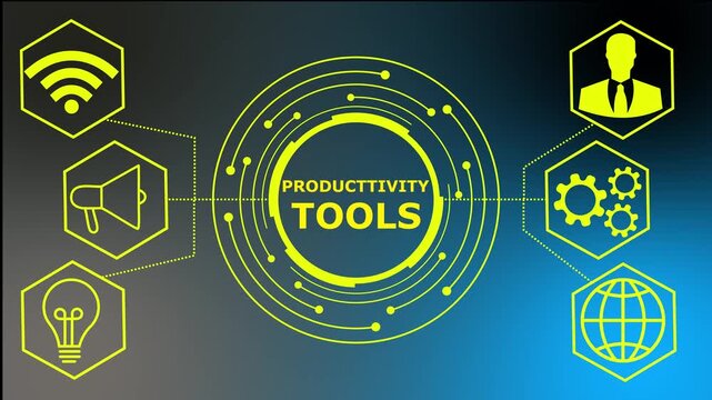 Animated digital presentation displaying productivity tools concept. business technology virtual screen background. performance metrics, and business insights from large data sets ,network 4k,,,
