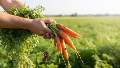 Close-up of hands holding freshly harvested carrots with soil still attached, blurred green field in background, stock photo style
