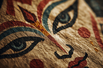  Kalighat folk art of fierce Durga face on parchment texture.
