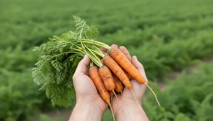 Close-up of hands holding freshly harvested carrots with soil still attached, blurred green field in background, stock photo style