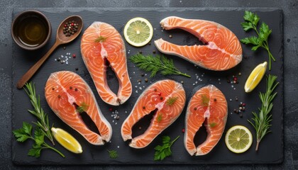 Flat lay of raw salmon fillets with lemon slices and herbs on dark slate background, rustic food photography