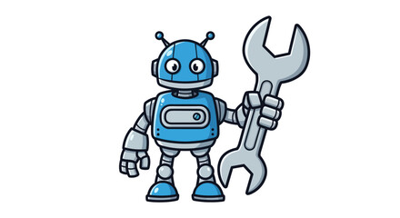 Fototapeta premium Cute Blue Robot Holding Wrench for Maintenance.