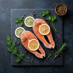 Flat lay of raw salmon fillets with lemon slices and herbs on dark slate background, rustic food photography