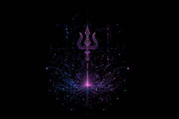  Glowing trishul of Durga on dark background with abstract neon sparks.
