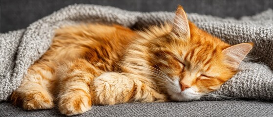 Adorable orange tabby cat sleeping peacefully on soft gray blanket showcasing relaxation and feline comfort in a cozy indoor setting
