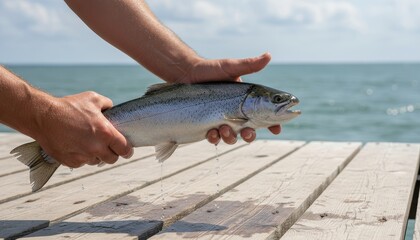 Close-up of fisherman’s hands holding a freshly caught fish over wooden dock, blurred sea background