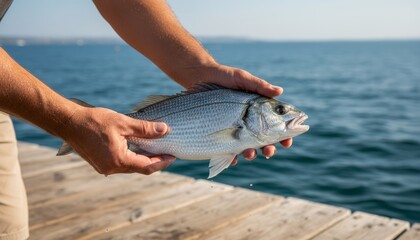 Close-up of fisherman’s hands holding a freshly caught fish over wooden dock, blurred sea background