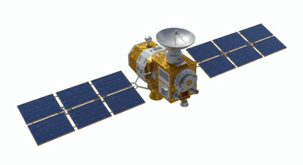 Detailed 3D rendering of an artificial communication satellite with deployed solar panels and a parabolic antenna, isolated on a white background