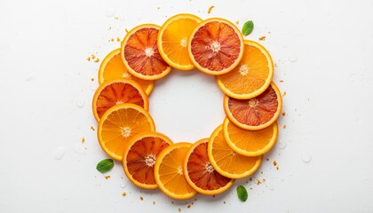 lat lay of sliced oranges arranged in a circle on a white background, vibrant citrus composition