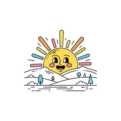 Cheerful retro cartoon sun with a smiling face and colorful rays rising over a simple line art landscape.
