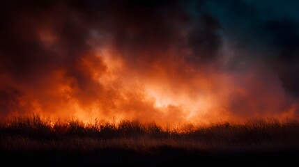 Naklejka premium Dramatic wildfire engulfs dry grass field with intense flames and smoke under a dark sky at dusk