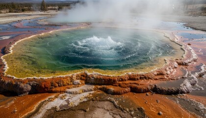 Close-up of bubbling hot spring with mineral deposits in colorful layers, geothermal natural wonder