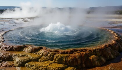 Close-up of bubbling hot spring with mineral deposits in colorful layers, geothermal natural wonder