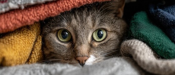 Close-up of a curious grey tabby cat peeking out from under colorful blankets in a cozy indoor setting with detailed fur and expressive green eyes
