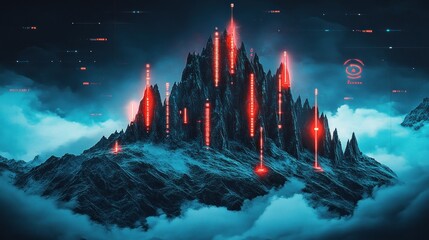 Futuristic mountain landscape with glowing red data streams and ethereal clouds, representing a