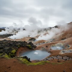 Wide shot of geothermal steam rising from vents in volcanic landscape, dramatic natural energy scene, stock photo style