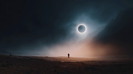 A solitary figure watches a brilliant solar eclipse over a vast atmospheric mountain landscape