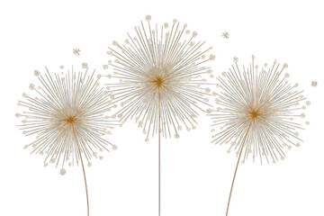 Three stylized dandelion-like blossoms against a black background