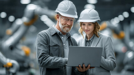 Satisfied man and woman engineer collaborating in factory. This professional team uses laptop for robot automation, showing teamwork and advanced technology