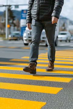 Homme traversant un passage pi&eacute;ton jaune en ville avec voitures en arri&egrave;re-plan