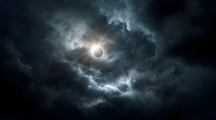 Dramatic solar eclipse viewed through stormy clouds with glowing corona and light rays