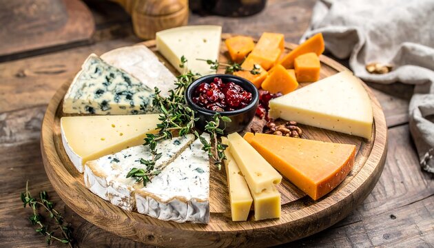 Assorted cheeses on a wooden platter