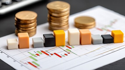 Trading simulation utilizing colored blocks over financial charts and coins, representing market analysis during the day