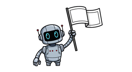 Cute cartoon robot character holding a blank white flag.