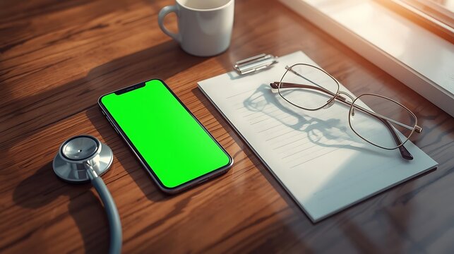 Telehealth and online medical consultation concept with a smartphone green screen, stethoscope, and clipboard on a doctor's desk - Powered by Adobe
