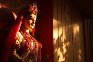  Temple-lit Durga idol in white-red saree during golden hour, peaceful expression with text space on side.
