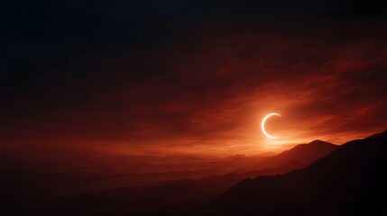 A dramatic solar eclipse casts a crescent glow over fiery orange clouds above silhouetted mountain ranges at dawn