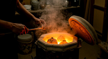 Opening Pottery Kiln with Glowing Ceramic Vases and Rising Steam During Firing