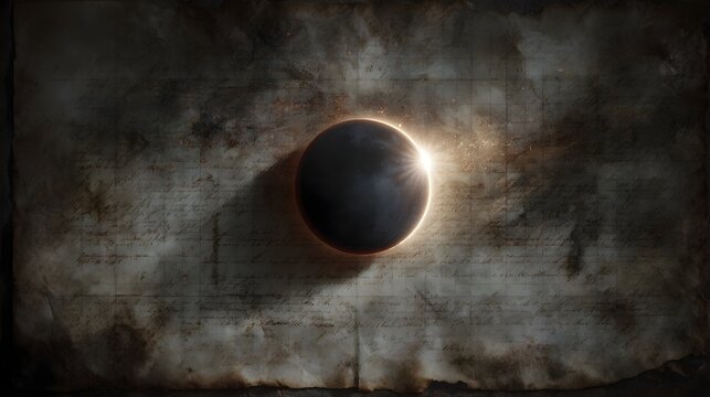 A dramatic solar eclipse illuminates an ancient textured scroll blending celestial mystery with historical knowledge