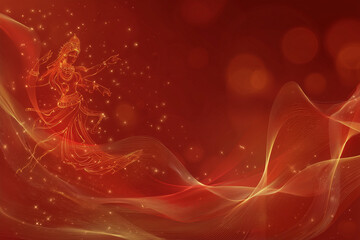  Abstract Navratri visual with red-gold energy flows and goddess silhouette, with text-friendly composition.
