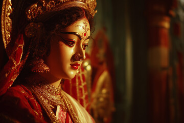 Temple-lit Durga idol in white-red saree during golden hour, peaceful expression with text space on side.
