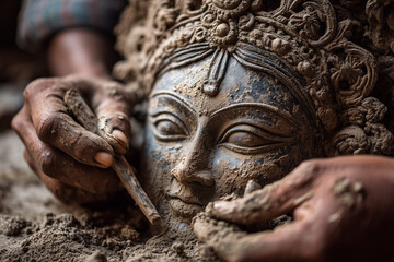  Artisan sculpting Durga idol in clay, raw and powerful visual with storytelling atmosphere and blank space.
