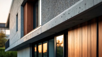 Modern House Exterior with Concrete and Wood Facade in Warm Sunset Light