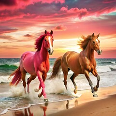 Two majestic horses, one with a pink coat, gallop along a sandy beach at sunset, their reflections shimmering in the water, creating a vibrant and surreal scene