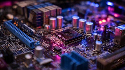 Obraz premium Close up view of a computer motherboard circuit board with colorful lighting showing various components